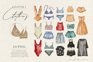 Watercolor summer clothes, shoes and accessories