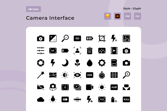 Camera Interface Glyph Style Icon Pack