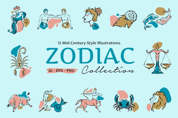 Mid Century Zodiac Illustration Set