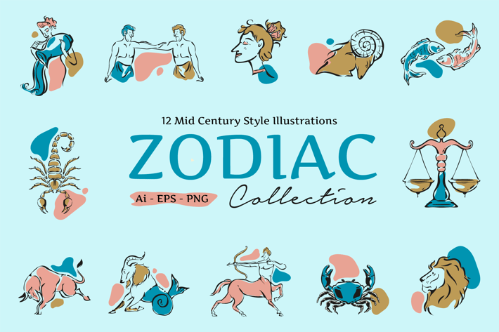 Mid Century Zodiac Illustration Set