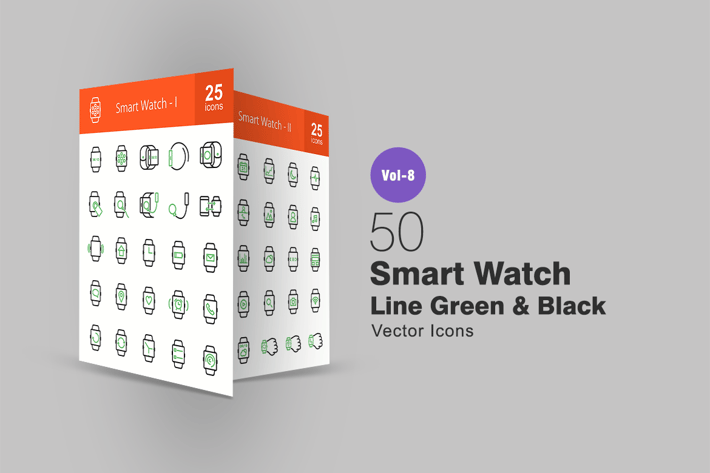 50 Smart Watch Green & Black Line Icons