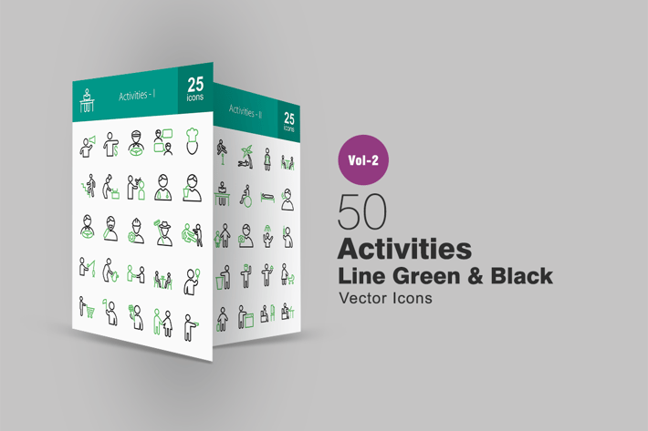 50 Activities Line Green & Black Icons