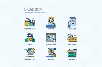 Shopping - modern vector flat line icon set