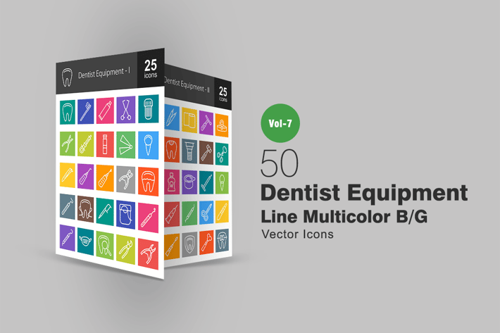 50 Dentist Equipment Line Multicolor B/G Icons