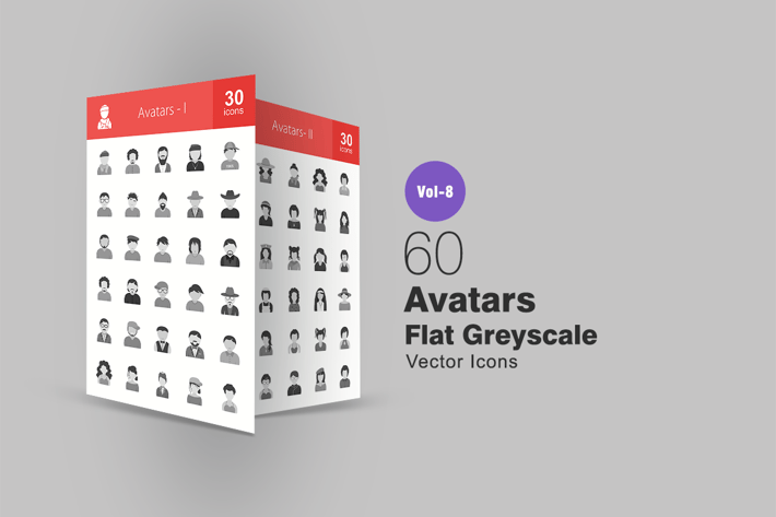 60 Avatars Flat Greyscale Icons