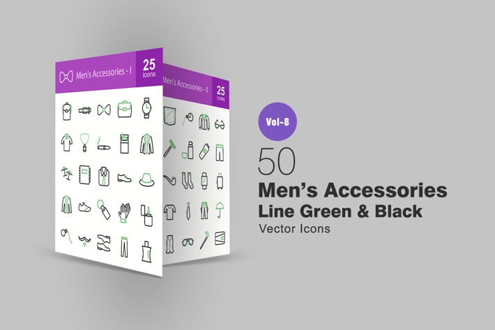 50 Men's Accessories Green & Black Line Icons