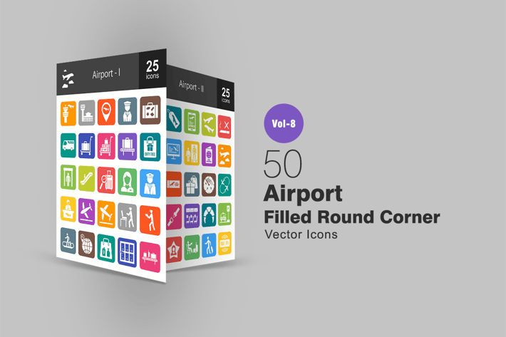 50 Airport Filled Round Corner Icons