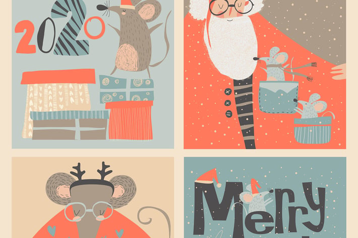 Vector set of Christmas cards with cute mouse and 