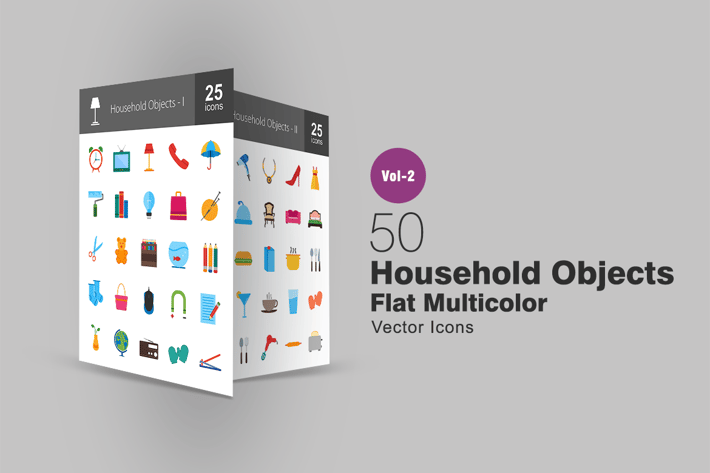 50 Household Objects Flat Multicolor Icons