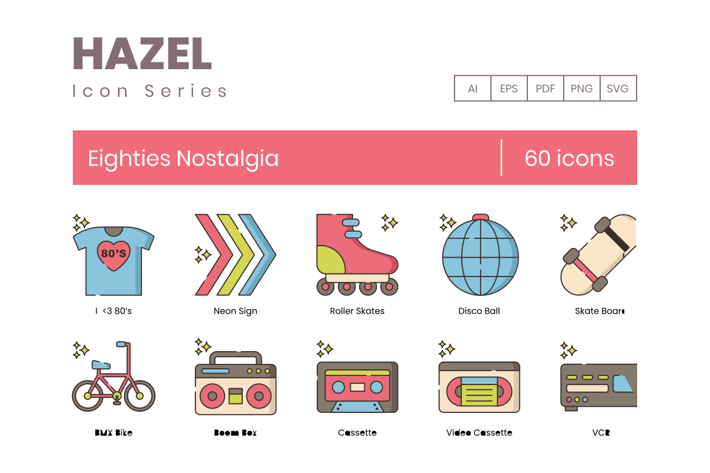 Eighties 80's Nostalgia Line Icons 