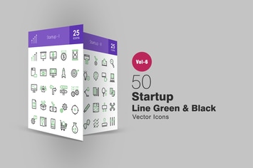 50 Startup Green & Black Line Icons