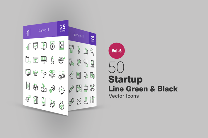 50 Startup Green & Black Line Icons