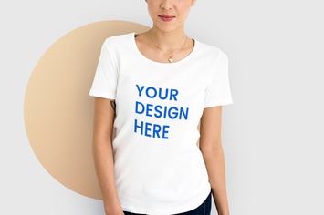 Woman wearing mockup white t-shirt