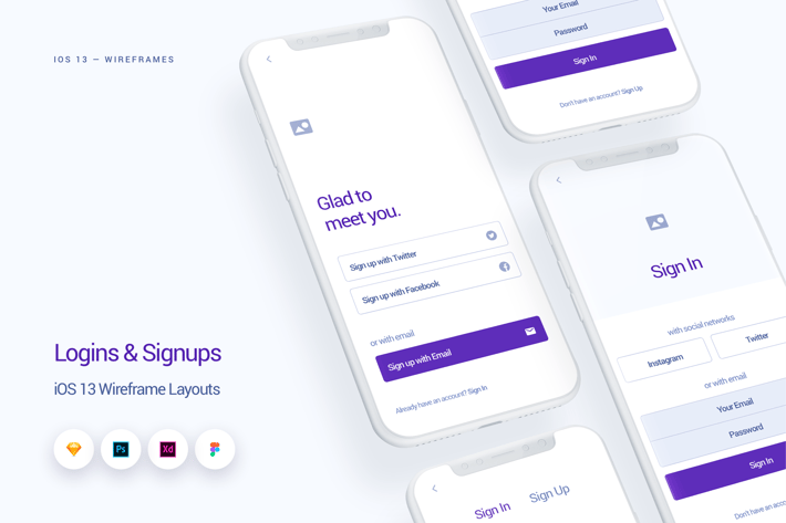 Logins & Signups - iOS 13 Wireframe Kit
