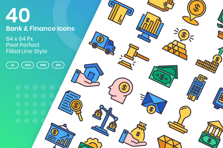 40 Bank & Finance Icons Set - Filled Line