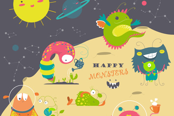 Vector set of cute cartoon alien and space