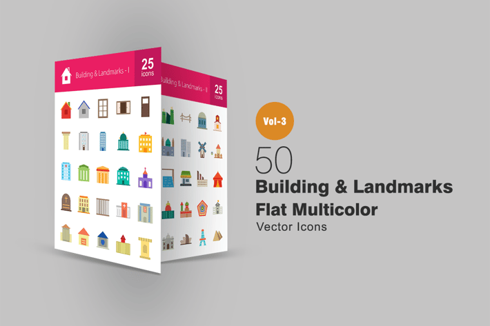 50 Buildings & Landmarks Flat Multicolor Icons