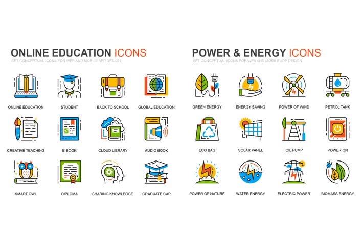 Education and Power Industry Line Icons Set