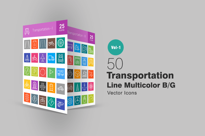 50 Transportation Line Multicolor Icons