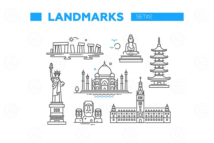 World Famous Landmarks - line design icons set