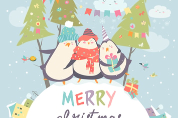 Funny penguins friends celebrating Christmas.