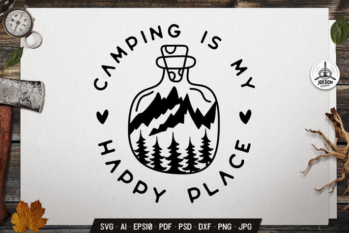 Camp Happy Place Badge Design. Retro Travel Label 