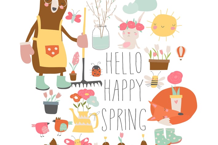 Cartoon characters and spring elements. Vector 