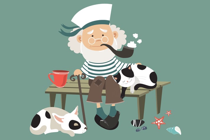 Old sailor sitting on bench with cat and dog. 