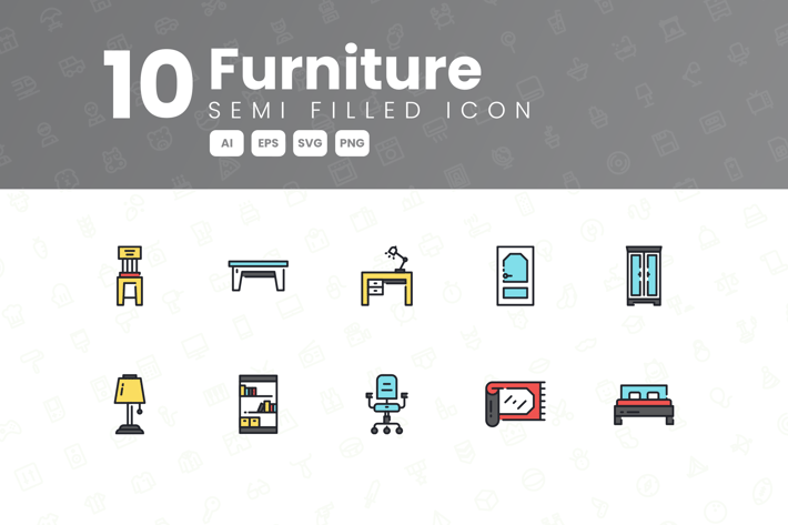 10 Furniture  Semi Filled Icon Collection