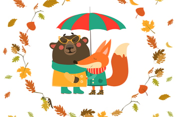 Cute fox and bear hugging under umbrella in wreath