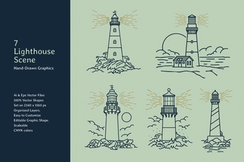 Lighthouse Lineart Scene Hand Drawn Graphics