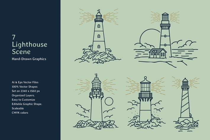 Lighthouse Lineart Scene Hand Drawn Graphics