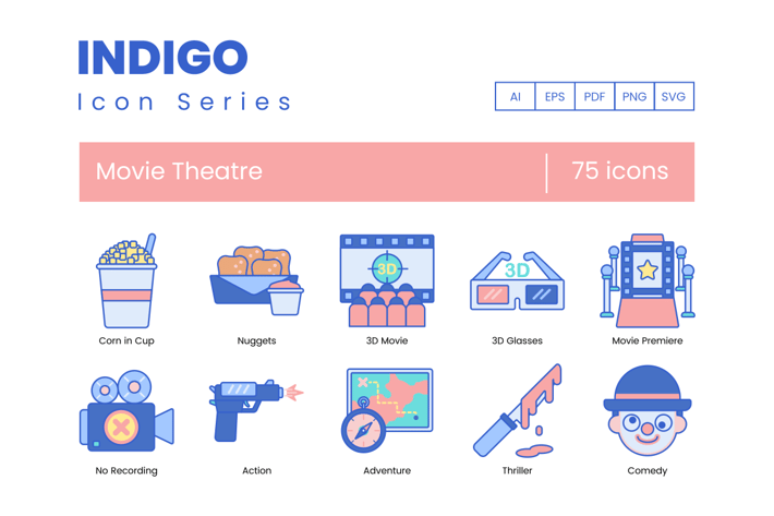 75 Movie Theater Line Icons