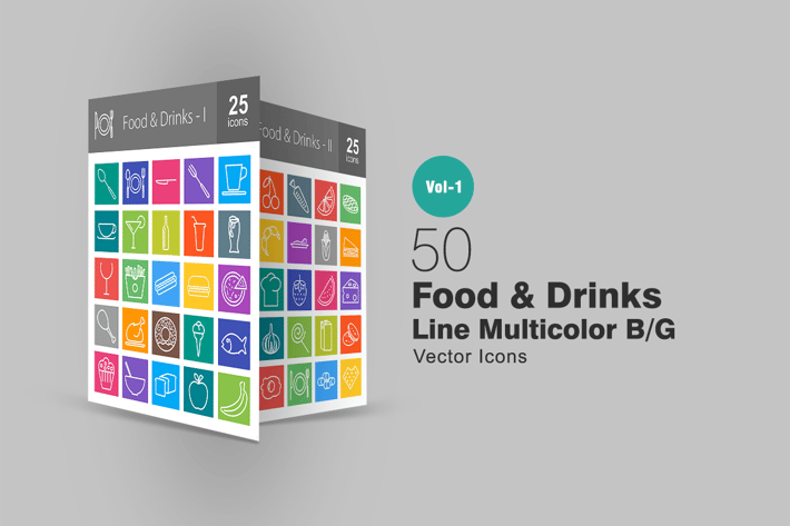 50 Food & Drinks Line Multicolor Icons
