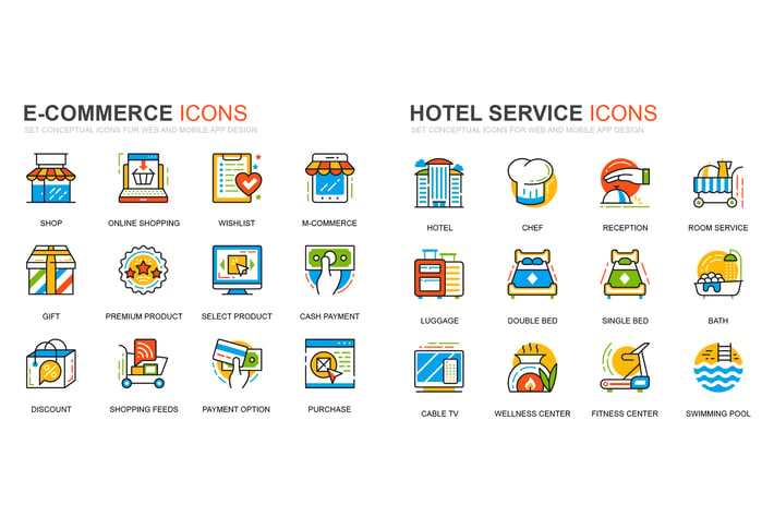 E-Commerce and Hotel Services Line Icons Set
