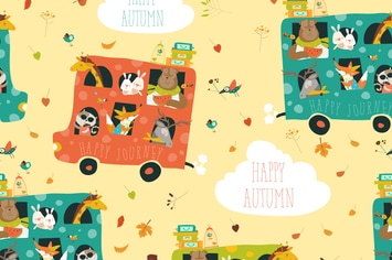 Cute animals seamless pattern traveling by bus