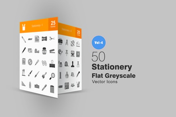 50 Stationery Greyscale Icons
