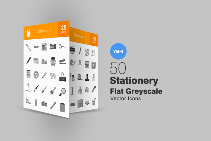 50 Stationery Greyscale Icons