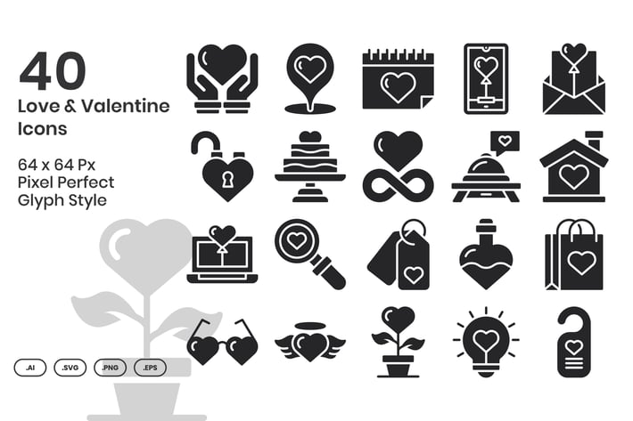 40 Love & Valentine Icons Set - Glyph