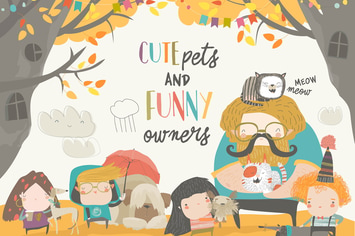 Funny owners walking with their cute pets. Vector 