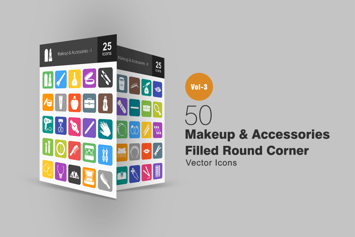50 Makeup & Accessories Flat Round Corner Icons