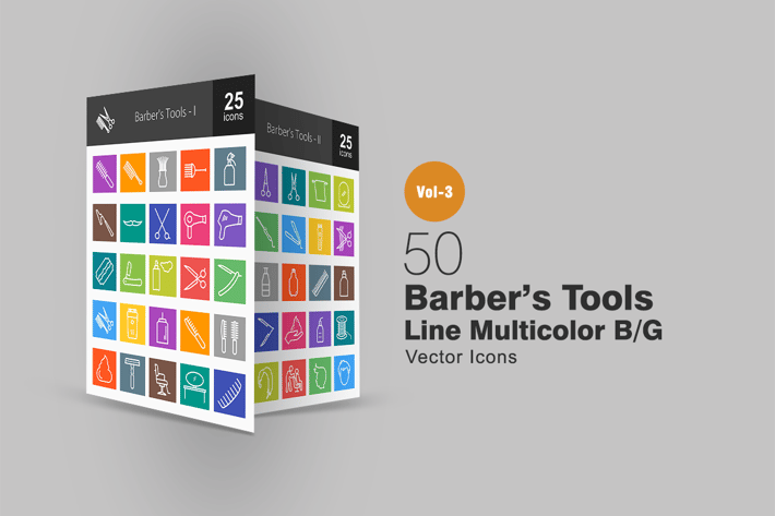 50 Barber’s Tools Line Multicolor Icons
