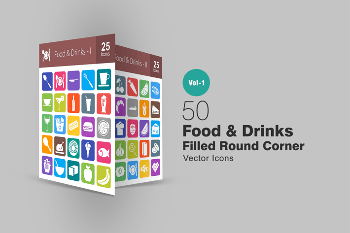 50 Food & Drinks Filled Round Corner Icons