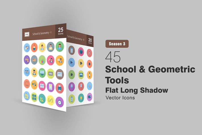 45 School and Geometric Tools Long Shadowed Icons