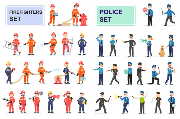 Police and Firefighters Flat People Characters