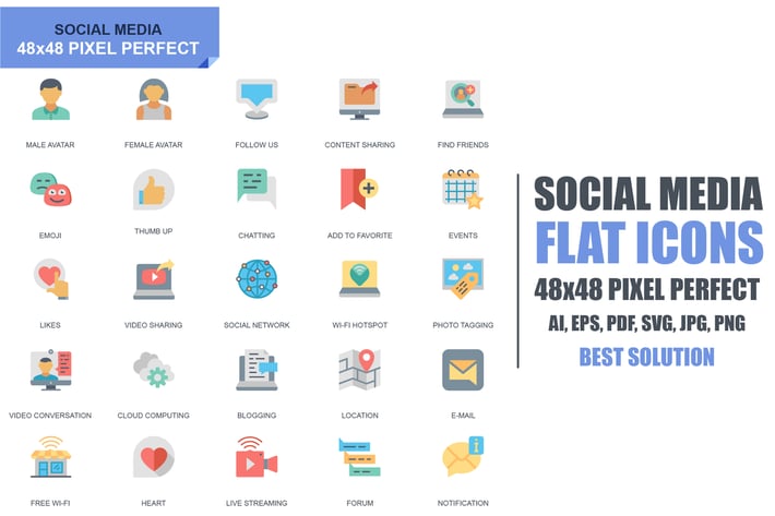 Simple Set Social Media and Network Flat Icons