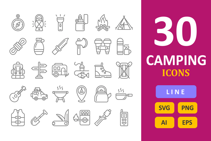 30 Camping Icons - Line