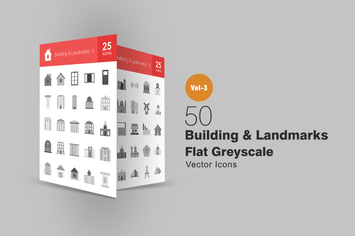 50 Buildings & Landmarks Greyscale Icons