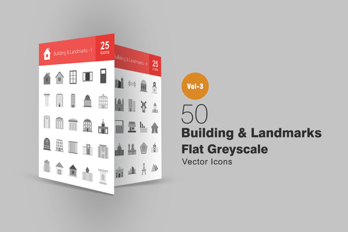 50 Buildings & Landmarks Greyscale Icons