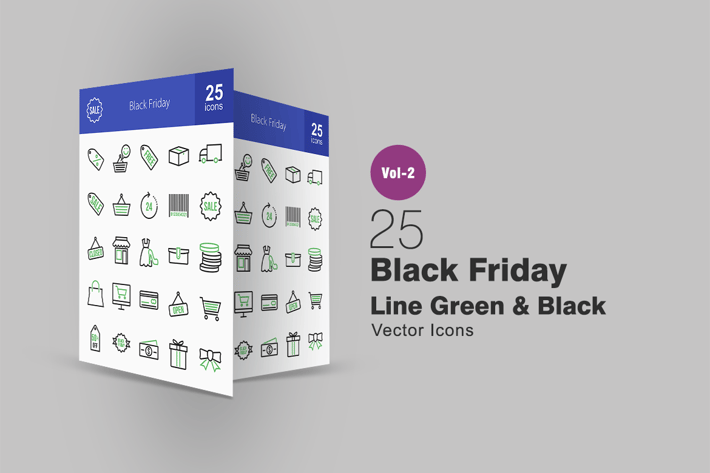 25 Black Friday Line Green & Black Icons